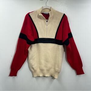 Meister Sweater Red Ivory Black Knit Colorblock Wool Half Zip Ski Vintage Size L